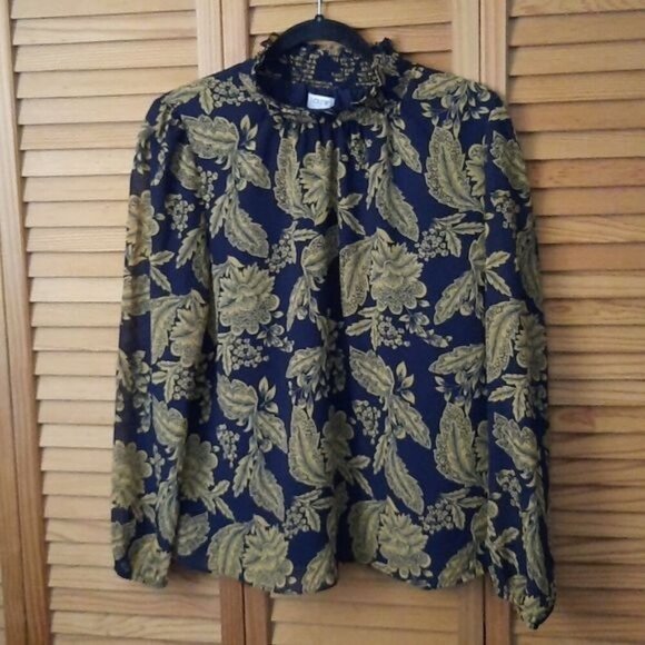J.Crew Navy Tan Floral Print Ruffle Elastic Turtleneck Long Sleeve Size Small - Picture 1 of 9
